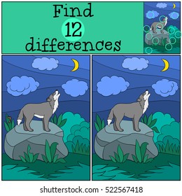 Educational game: Find differences. Cute beautiful wolf stands on the stone and howling at the moon.