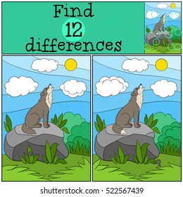 Educational game: Find differences. Cute beautiful wolf sits on the stone and howling.