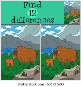 Educational game: Find differences. Cute beautiful yak with little baby.