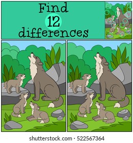 Educational game: Find differences. Father wolf howls with his little cute babies.