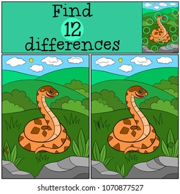 Educational game: Find differences. Little cute viper smiles.