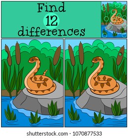 Educational game: Find differences. Little cute viper on the stone.