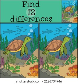 Educational game: Find differences. Little cute green sea turtle swims underwater with bubbles and smiles.