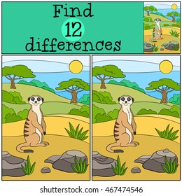 Educational game: Find differences. Little cute meerkat stands on the sand and smiles.