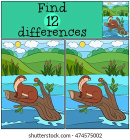 Educational game: Find differences. Little cute otter sits on the tree branch and smiles.