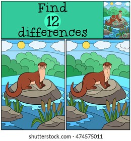 Educational game: Find differences. Little cute otter stands on the stone in the river and smiles.