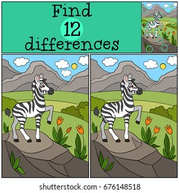 Educational game: Find differences. Little cute zebra stands and smiles.