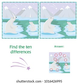 Educational game. Find differences. Mother polar bear with her little cute babie