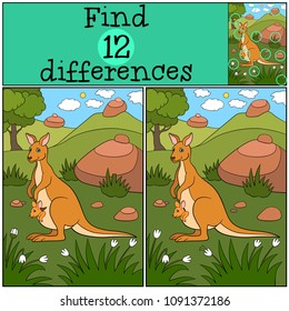 Educational game: Find differences. Mother kangaroo with her cute baby.