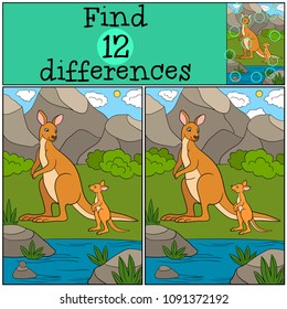 Educational game: Find differences. Mother kangaroo with her cute baby.