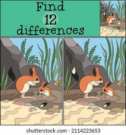 Educational game: Find differences. Mother jerboa stands with her little cute baby and smiles.