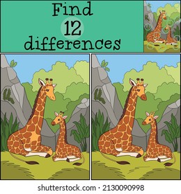 Educational game: Find differences. Mother giraffe lays with her little cute spotted baby giraffe. They smile.