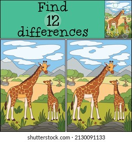 Educational game: Find differences. Mother giraffe stands with her little cute spotted baby giraffe. They smile.