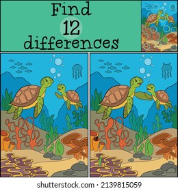 Educational game: Find differences. Mother sea turtle swims with her little cute baby sea turtle and smile.