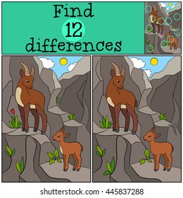 Educational game: Find differences. Mother ibex with her little cute baby ibex on the rock.