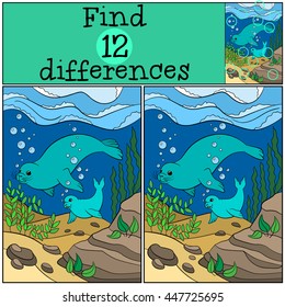 Educational game: Find differences. Mother fur seal swims with her little cute baby seal underwater and smiles.