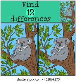 Educational game: Find differences. Mother koala sits on the tree branch with her little cute baby and smiles.