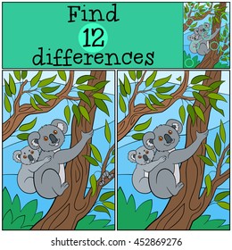 Educational game: Find differences. Mother koala sits on the tree branch with her little cute baby and smiles.