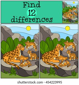 Educational game: Find differences. Mother jaguar with her little cute cubs on the stones.