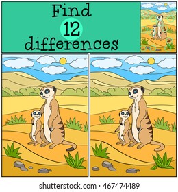 Educational game: Find differences. Mother meerkat with her little cute baby in the desert.