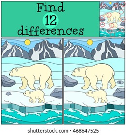 Educational game: Find differences. Mother polar bear walks on the snow with her little cute baby and smiles.