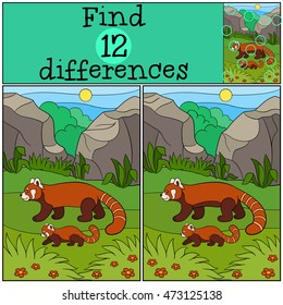 Educational game: Find differences. Mother panda walks with her little cute baby and smiles.