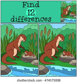 Educational game: Find differences. Mother otter looks at her little cute baby and smiles.