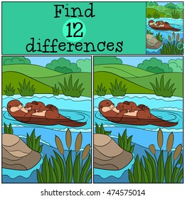 Educational game: Find differences. Mother otter swims with her little cute baby and smiles.