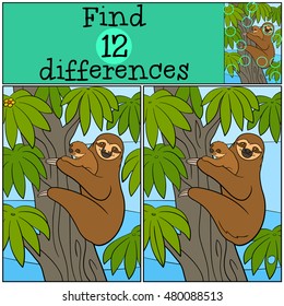 Educational game: Find differences. Mother sloth with her little cute baby hangs on the tree and smiles.