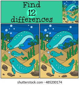 Educational game: Find differences. Mother, father and baby narwhals swim underwater and smile.