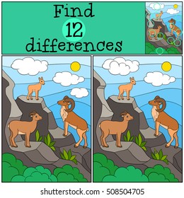Educational game: Find differences. Mother, father and baby urial stand on the mountains and smiles.