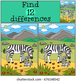 Educational game: Find differences. Mother zebra with her cute baby.