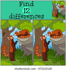 Educational game: Find differences. Two little cute red pandas look at each other and smile.