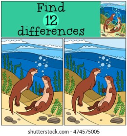 Educational game: Find differences. Two little cute otters swim and smile.