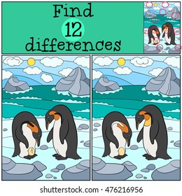 Educational game: Find differences. Two cute penguins look at the egg and smile.