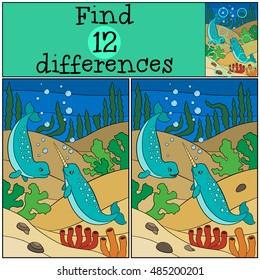 Educational game: Find differences. Two little cute narwhals swim underwater and smile.