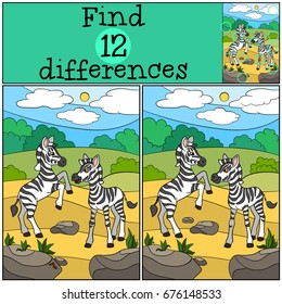 Educational game: Find differences. Two little cute zebras play.