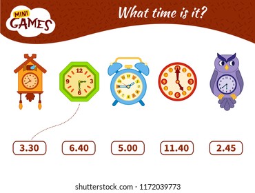 Educational Game find the Matching time on the watch. Vector illustration. Cartoon clock.