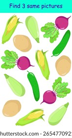 Juego educativo. Encuentra tres fotos idénticas de maíz, remolacha, papa. Verduras de colores sobre un fondo blanco. Ilustración vectorial para el libro de actividades de los niños, hoja de cálculo, impresión.