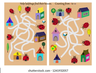 Educational game. Help ladybugs find their houses. Counting from 1 to 10. Vector illustration.