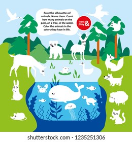 Educational game for kid. Paint silhouettes of animals. Count number of bird animal fish on field in lake and on trees. Vector hand draw illustration task for childrens magazine. Learn and play