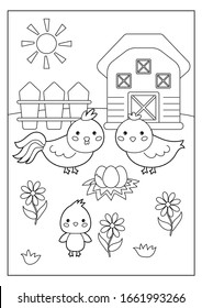 Educational game for kids. Cartoon coloring page with hen and chicken. Farm animals. Vector illustration.