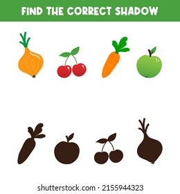 Educational game for kids, children. Find the correct shadow of fruits. Game-based perception learning, guessing game. Vector printable illustration, page.