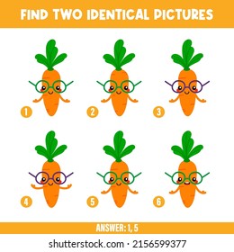 Educational game for kids, children. Find two identical carrot characters. Game-based perception learning, guessing game. Vector printable illustration, page.