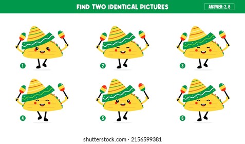 Educational game for kids, children. Find two identical taco characters. Game-based perception learning, guessing game. Vector printable illustration, page.