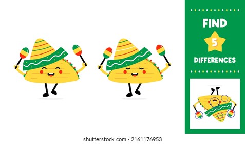 Educational game for kids, children. Find 5 differences in two taco character illustrations. Game-based perception learning, guessing game. Vector printable illustration, page.
