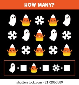 Educational game for kids, children. Halloween edition. How many ghosts, candy corns and bones. Game-based math learning, counting game. Vector printable illustration, page.