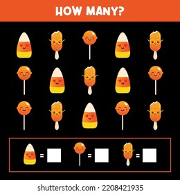 Educational game for kids, children. Halloween edition. How many candy corn, lollipop, popsicle characters. Game-based math learning, counting game. Vector printable illustration, page.
