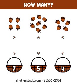 Educational game for kids, children. How many acorns. Game-based math learning, counting game, connecting dots. Vector printable illustration, page.
