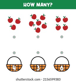 Educational game for kids, children. How many apples. Game-based math learning, counting game, connecting dots. Vector printable illustration, page.